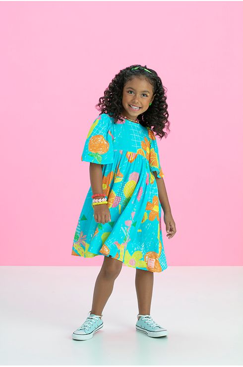 Vestido Amplo Com Franzido E Manga Curta