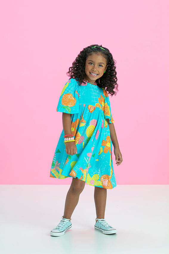 Vestido-Amplo-Com-Franzido-E-Manga-Curta