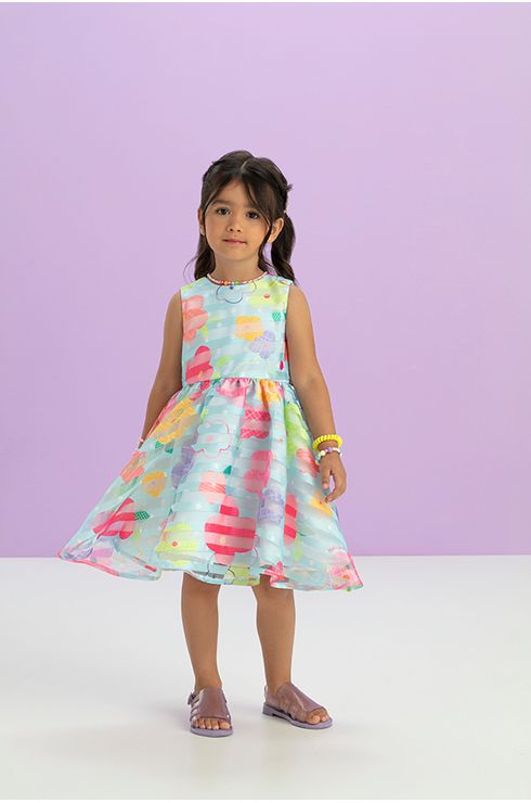 Vestido Estampado Com Organza Listrada