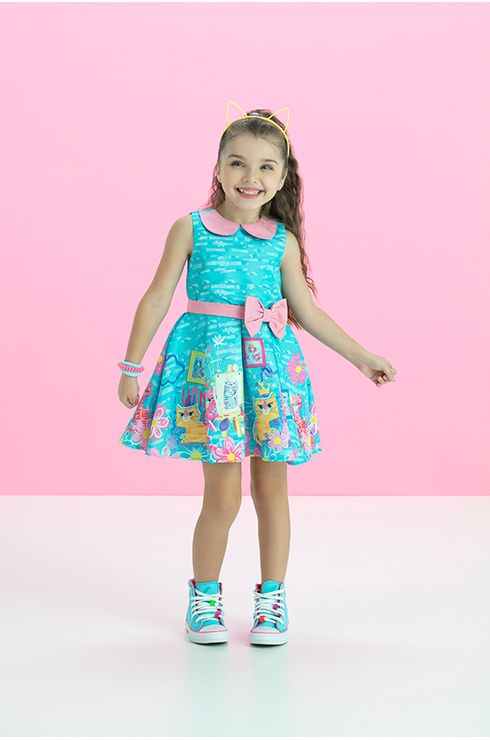 Vestido Estampado Com Gola E Faixa Com Laço
