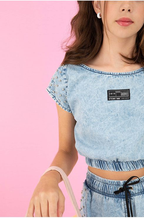 Blusa Jeans Com Tachas No Ombro