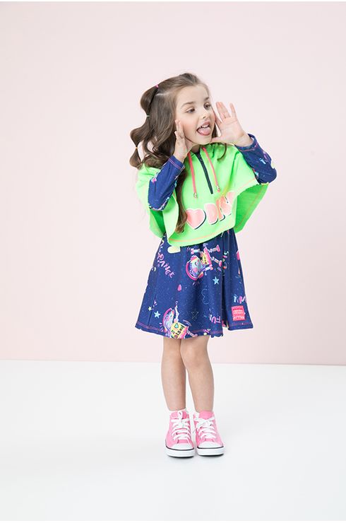 Vestido Moletom Estampado Com Poncho