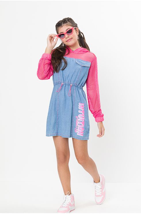 Vestido Manga Longa Jeans Com Manga Tela