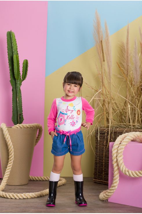 Conjunto Manga Longa Short Jeans E Blusa