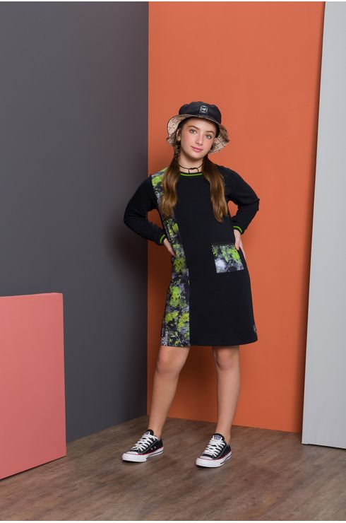 Vestido Manga Longa C/ Detalhes Estampados