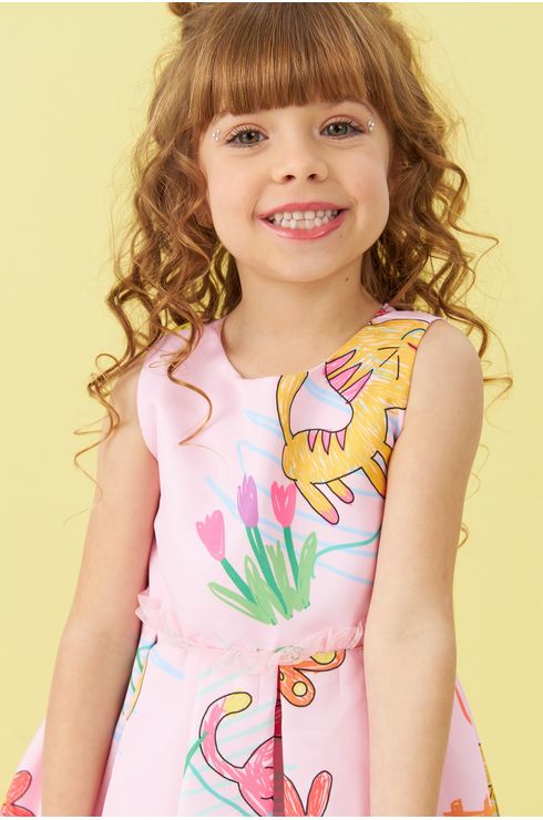Vestido De Festa Estampado Com Babado Liso