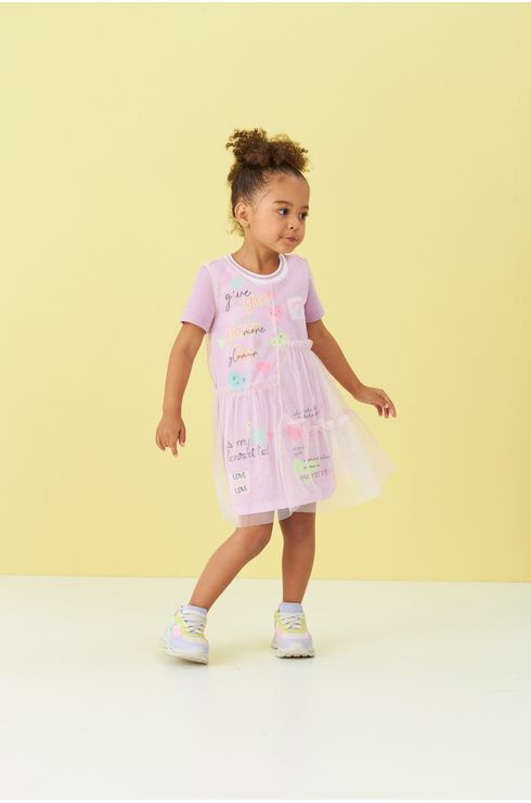 Vestido Manga Curta Com Sobreposição Em Tule
