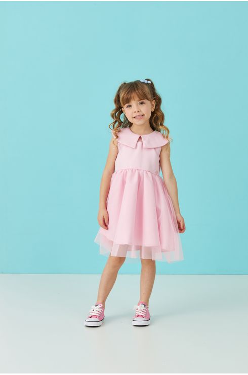 Vestido De Festa Liso Com Recortes Em Tule E Gola
