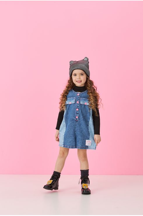 Macaquinho Jeans Bicolor Com Abotoamento
