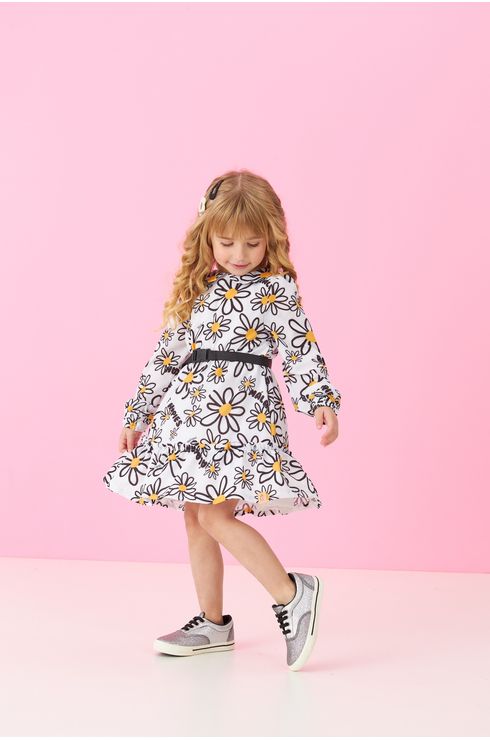Vestido Manga Longa Forrado Cintura Franzida