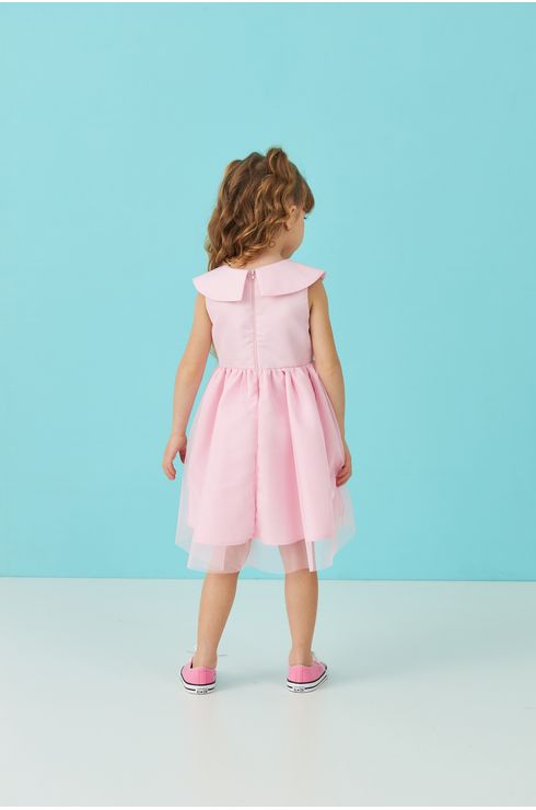 Vestido De Festa Liso Com Recortes Em Tule E Gola
