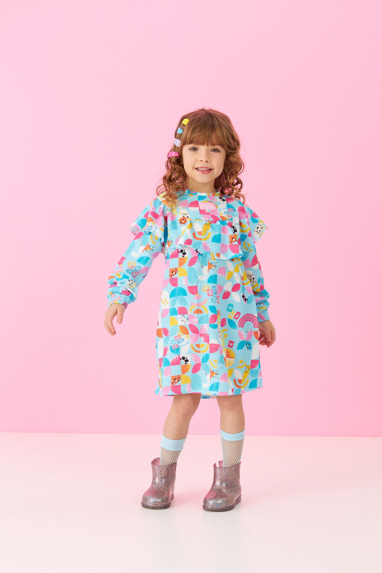 Vestido-Manga-Longa-Com-Babado-Franzido-De-Viscose