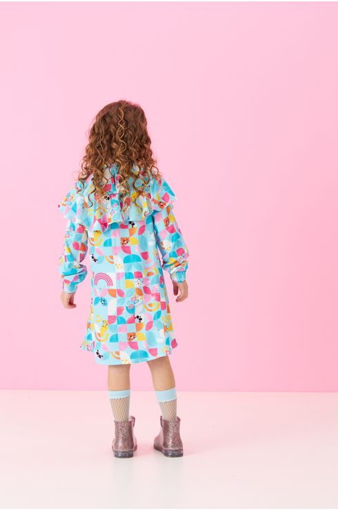 Vestido Manga Longa Com Babado Franzido De Viscose