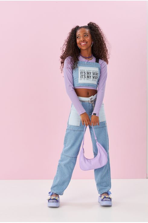 Top Jeans Com Carimbo E Alças De Elástico