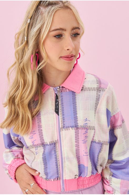 Jaqueta Cropped Bomber Estampada