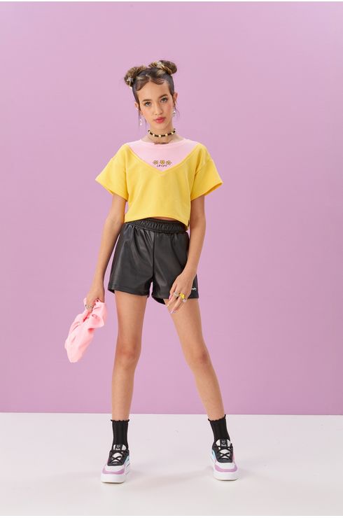 Blusa Manga Curta Cropped Recorte Em Malha Rosa Bebê