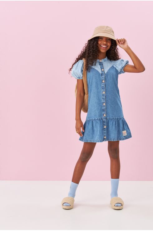 Vestido Jeans Manga Curta Com Botão Na Abertura