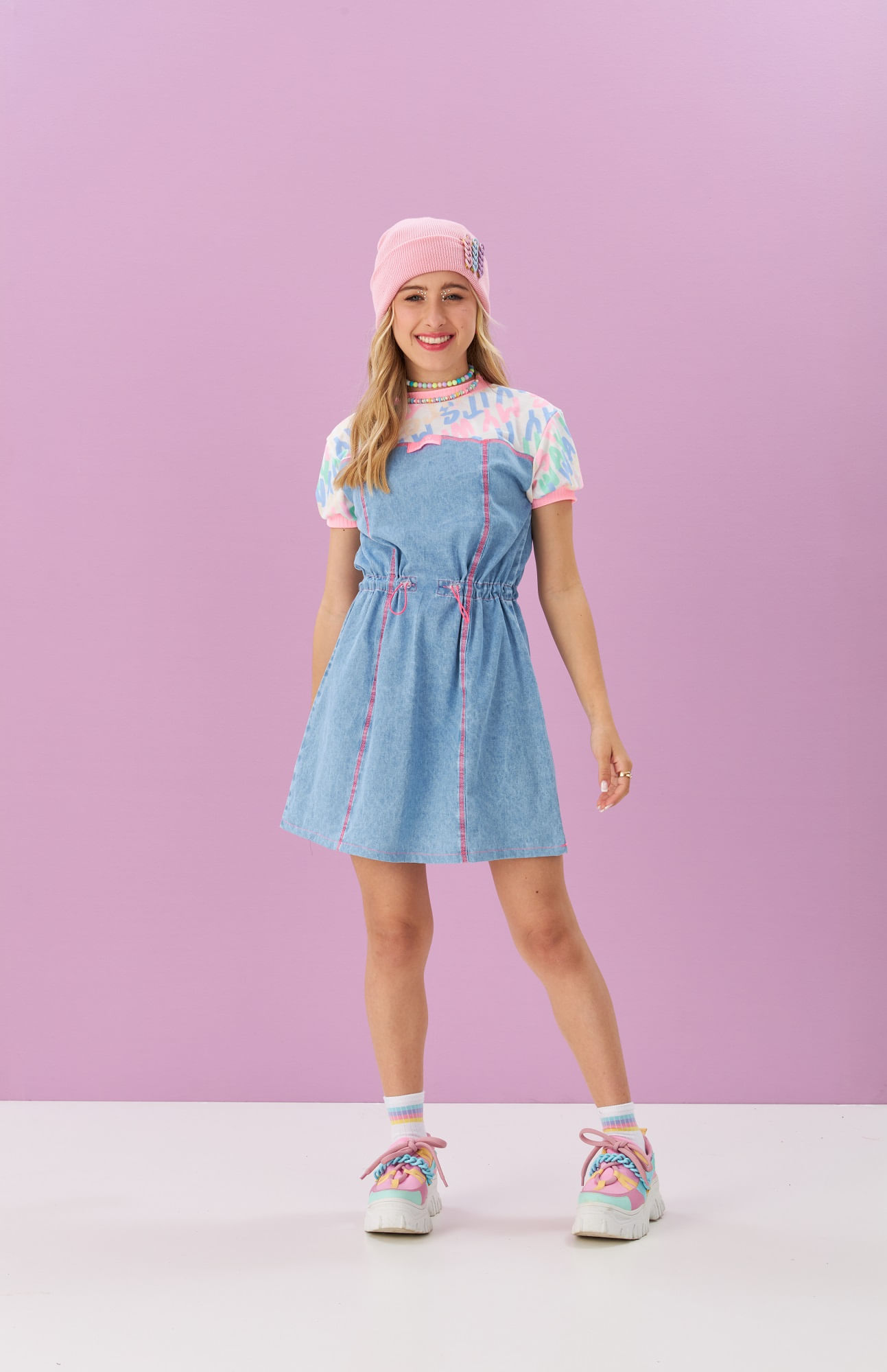 Vestido-Jeans-De-Manga-Curta-Com-Recorte-Superior
