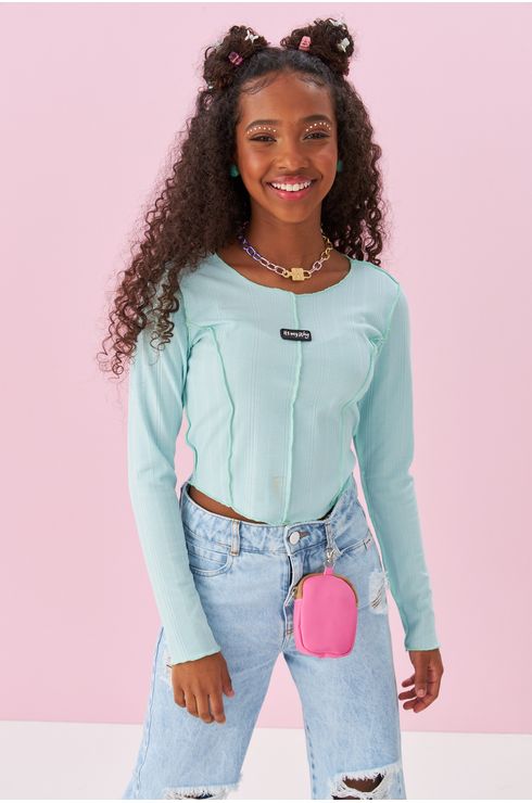 Blusa Manga Longa Canelada Com Fru Fru