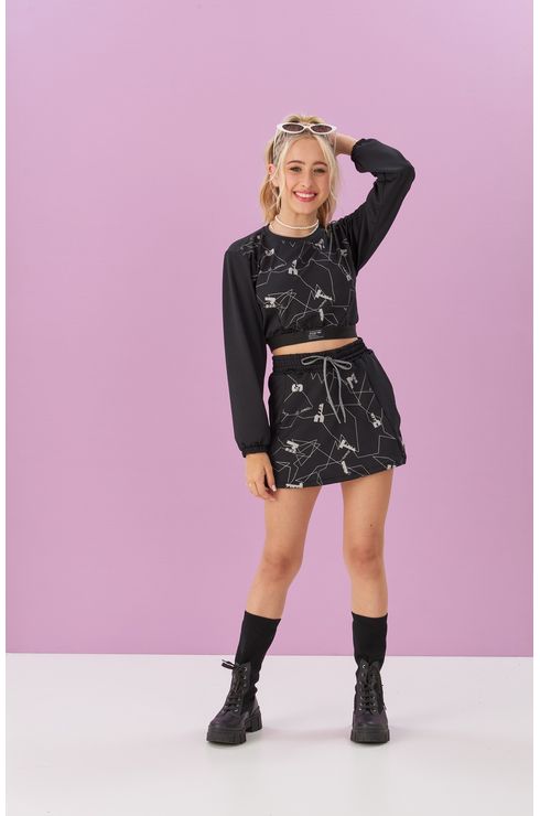 Blusa Manga Longa Cropped Com Estampa