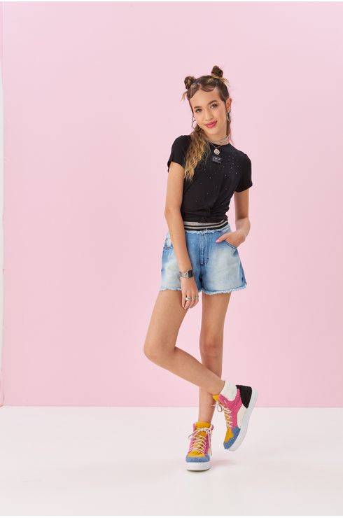 Blusa Manga Curta Detalhe Frente Com Aplique