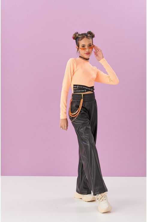 Blusa Canelada Manga Longa Cropped Com Elástico Personalizado