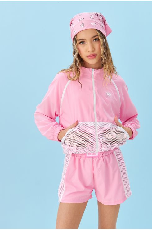 Jaqueta De Crepe Rosa Seda, Com Bolso Canguru