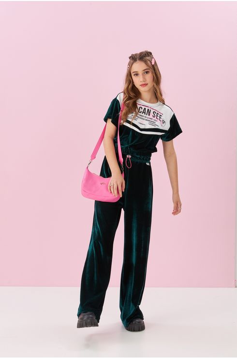 Blusa Manga Curta Cropped De Veludo Com Local Frente