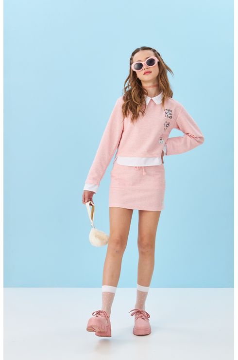 Blusa Manga Longa Em Moletinho Rosa
