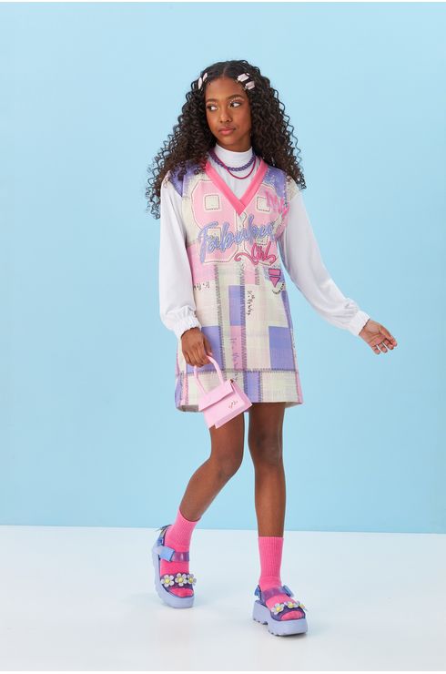 Vestido Manga Longa Estampado Com Gola Interna