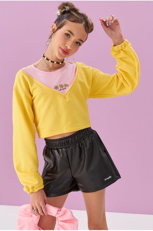 Blusa Manga Longa Cropped Recorte Em Malha Rosa Bebê