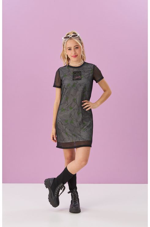 Vestido Estampado De Corta Vento Com Tela Sobreposta