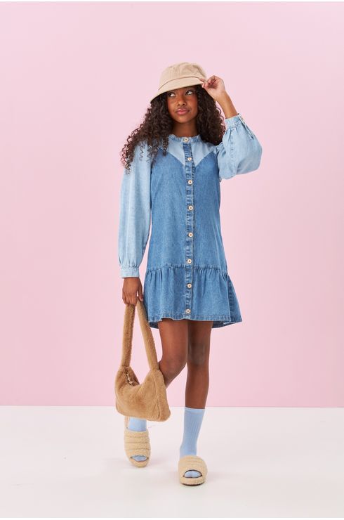 Vestido Jeans Manga Longa Com Botão Na Abertura