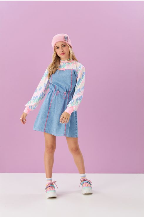 Vestido Jeans De Manga Longa Com Recorte Superior