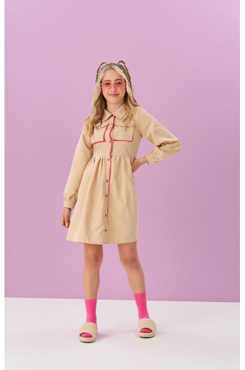 Vestido Chemise Manga Longa Com Bolso