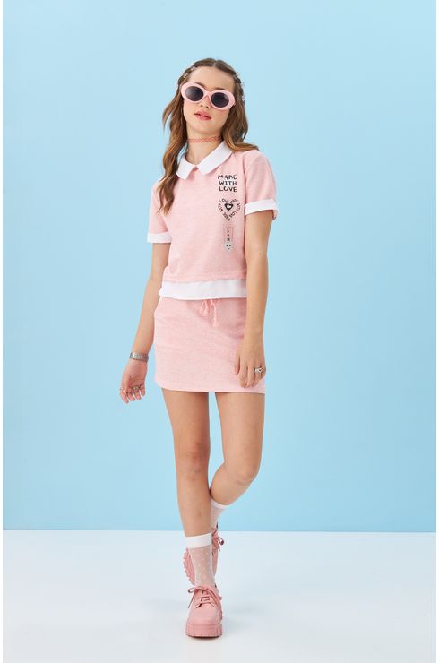 Blusa Manga Curta Em Moletinho Rosa