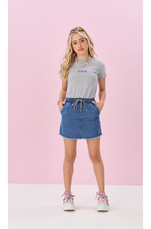 Vestido Manga Curta Com Saia Jeans