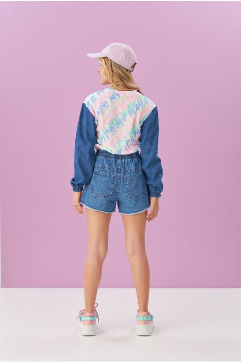 Blusa Manga Longa Com Estampa Candy Color E Manga Em Jeans