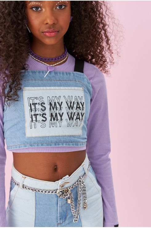 Top Jeans Com Carimbo E Alças De Elástico