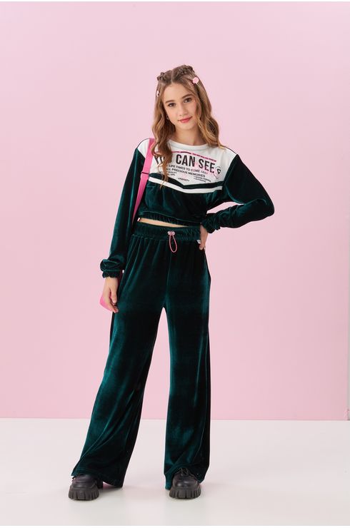Blusa Manga Longa Cropped De Veludo Com Local Frente