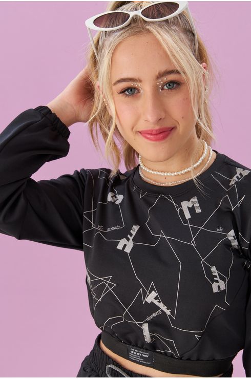Blusa Manga Longa Cropped Com Estampa