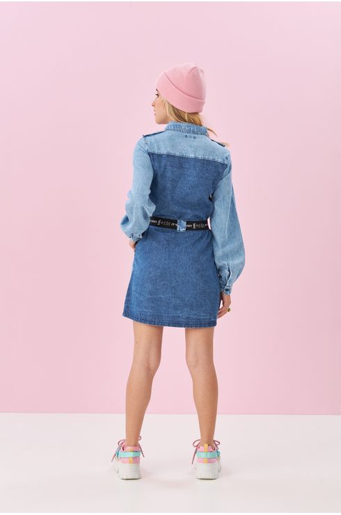 Vestido Manga Longa Jeans Com Cinto
