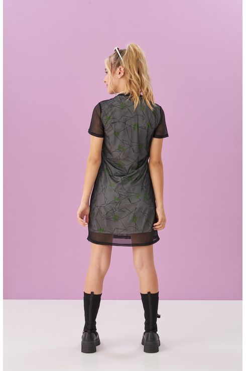 Vestido Estampado De Corta Vento Com Tela Sobreposta