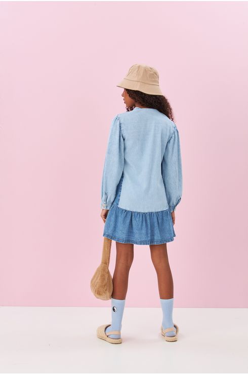 Vestido Jeans Manga Longa Com Botão Na Abertura