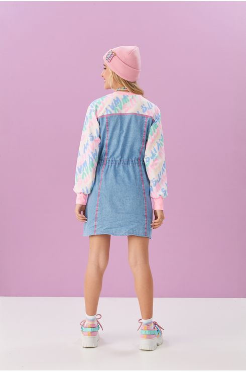 Vestido Jeans De Manga Longa Com Recorte Superior