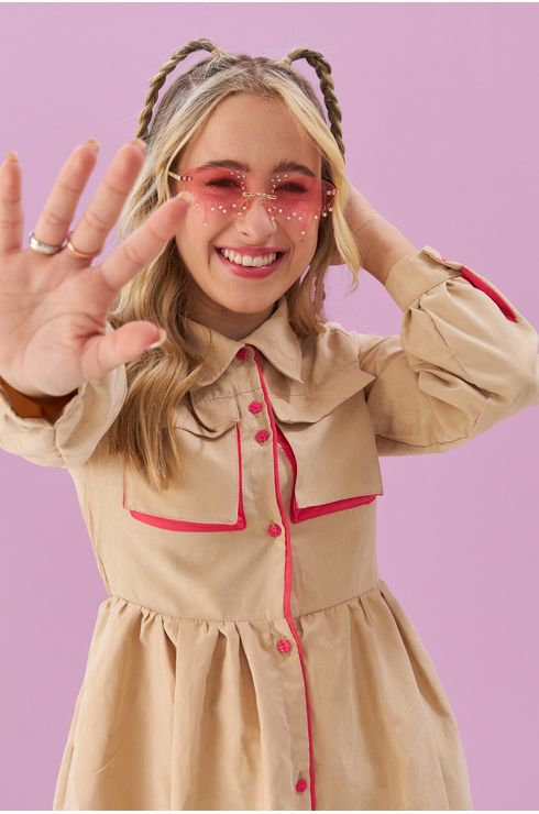 Vestido Chemise Manga Longa Com Bolso
