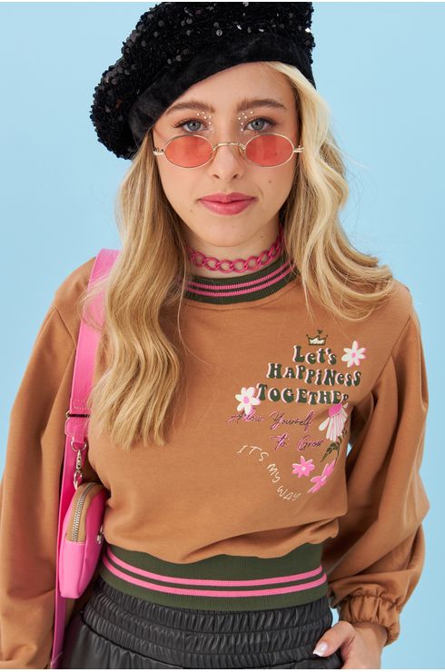 Moletom Com Pregas Na Manga E Silk Frontal