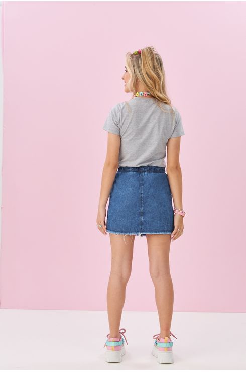 Vestido Manga Curta Com Saia Jeans