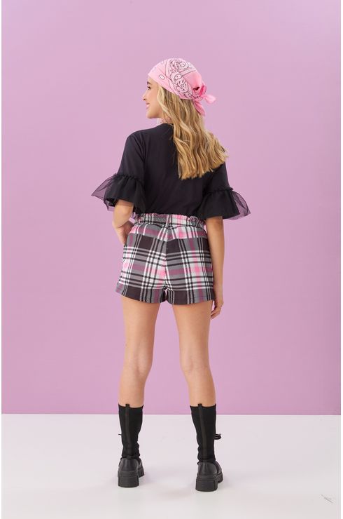Conjunto Blusa Com Manga De Tule E Shorts Xadrez