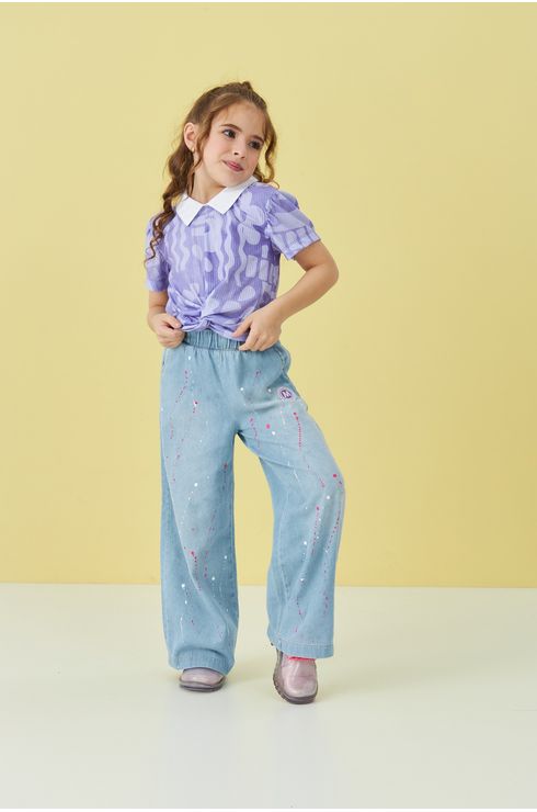 Blusa Estampada Manga Curta Cropped Transpassada Com Gola